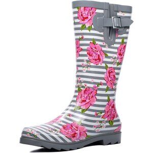Women's Pink Rose Waterproof Tall Knee High Rubber landchief Rain Boot